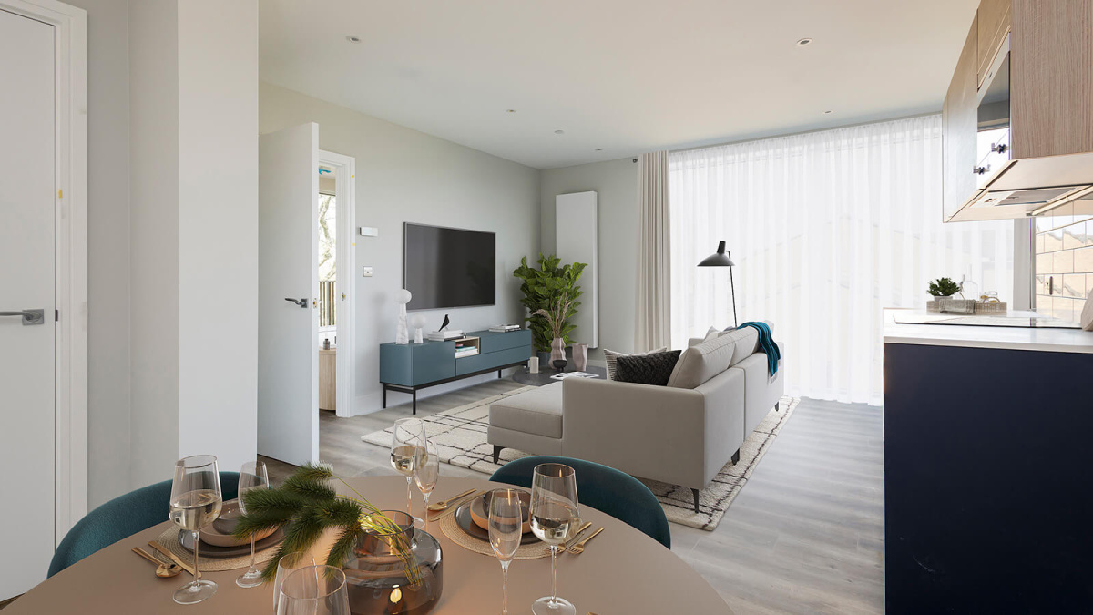 Living area in a Park Avenue Place apartment, computer generated image intended for illustrative use only, ©Galliard Homes.