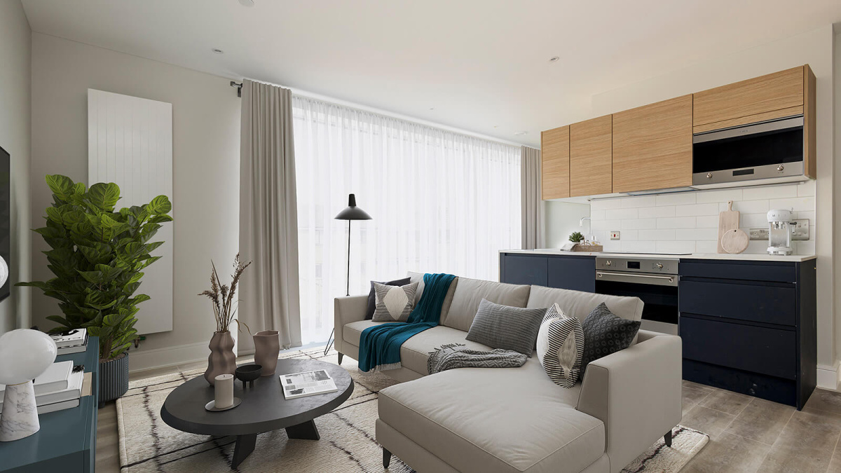 Living and kitchen area in a Park Avenue Place apartment, computer generated image intended for illustrative use only, ©Galliard Homes.