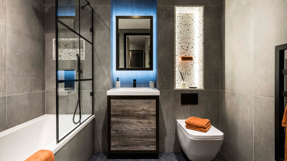 Bathroom of a studio apartment at The Stage, ©Galliard Homes.