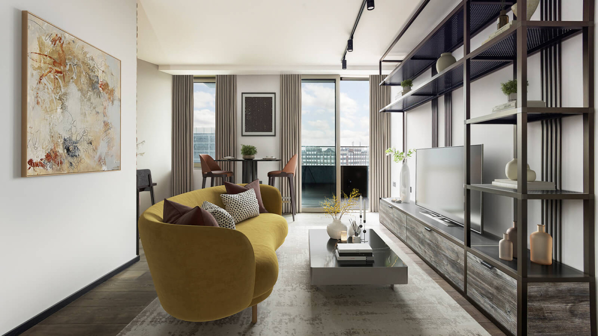 Living and dining room at Apartment 608 The Stage, furniture superimposed for illustrative purposes only, ©Galliard Homes.
