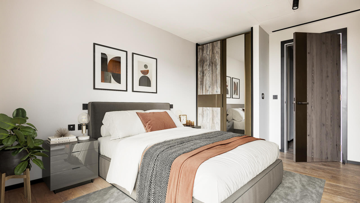 Bedroom at Apartment 608 The Stage, furniture superimposed for illustrative purposes only, ©Galliard Homes.