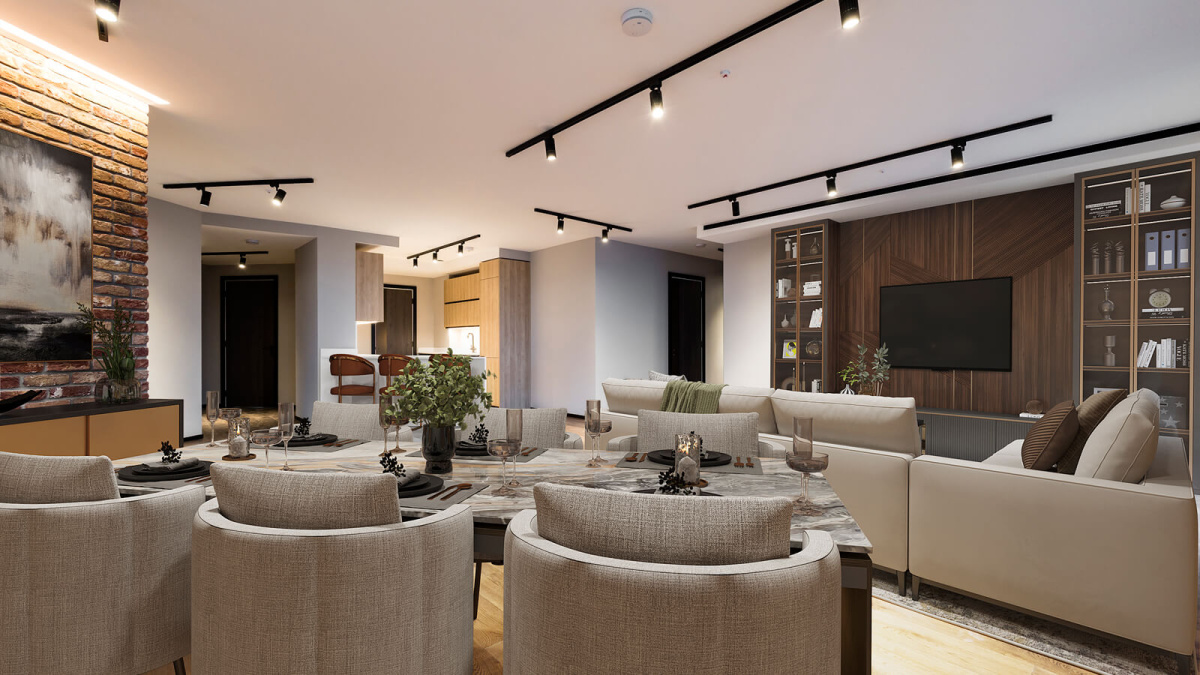 Reception room at 1906 The Stage, furniture superimposed for illustrative purposes only, ©Galliard Homes.
