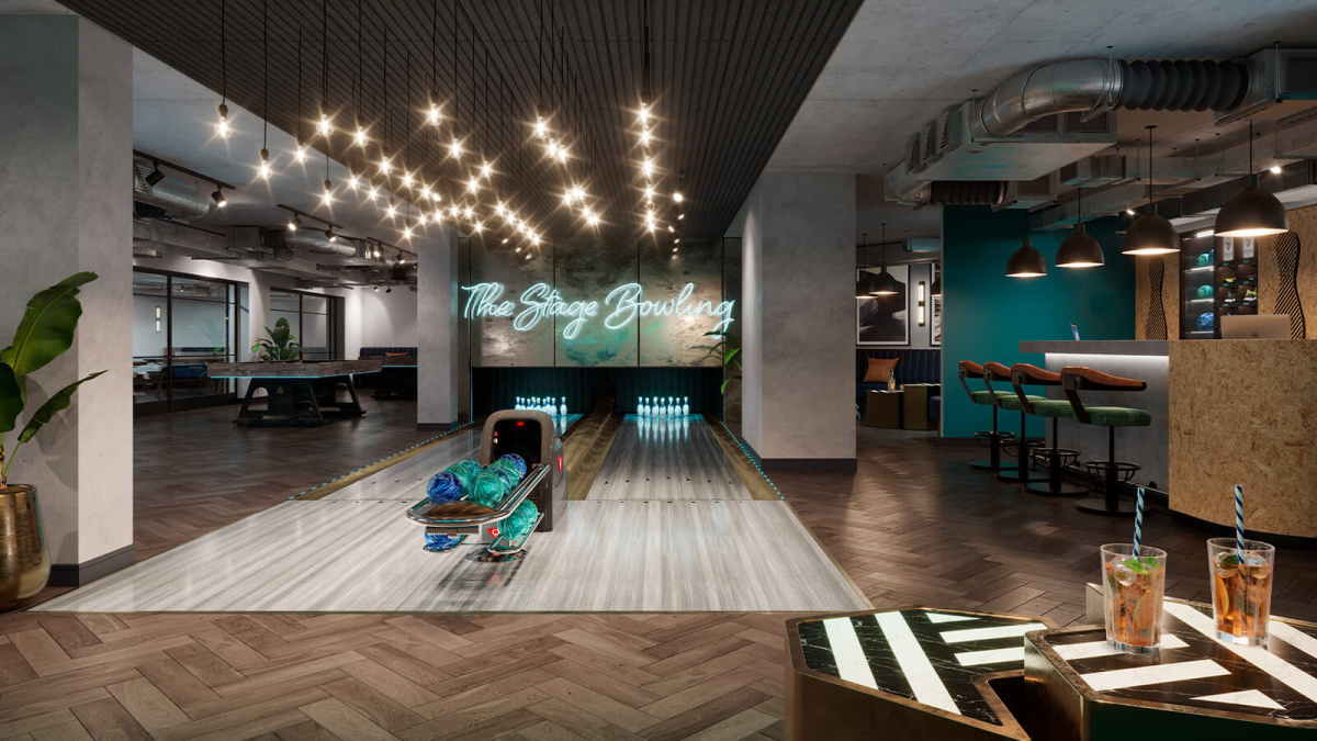 Residents’ Bowling Alley at The Stage, computer generated image intended for illustrative purposes only, ©Galliard Homes.