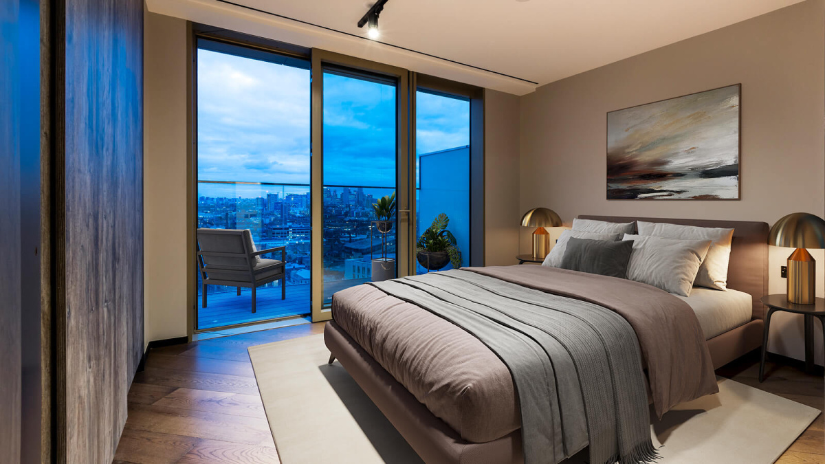 Second bedroom at 1906 The Stage, furniture superimposed for illustrative purposes only, ©Galliard Homes.