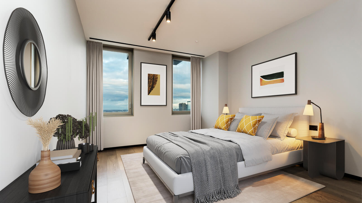 Third bedroom at 1906 The Stage, furniture superimposed for illustrative purposes only, ©Galliard Homes.