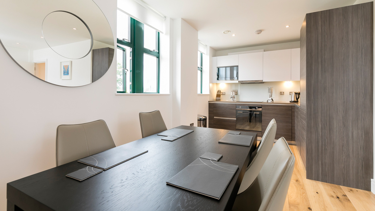Kitchen and dining area at Crescent House, ©Galliard Homes.