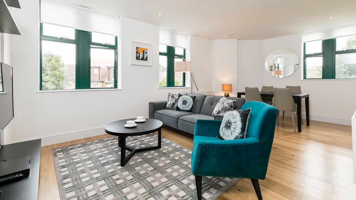 Living area at Crescent House, ©Galliard Homes.