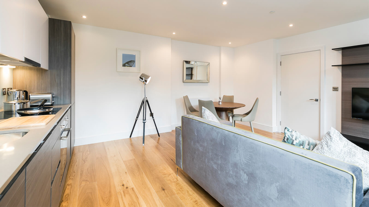 Open-plan kitchen, living and dining area, ©Galliard Homes.