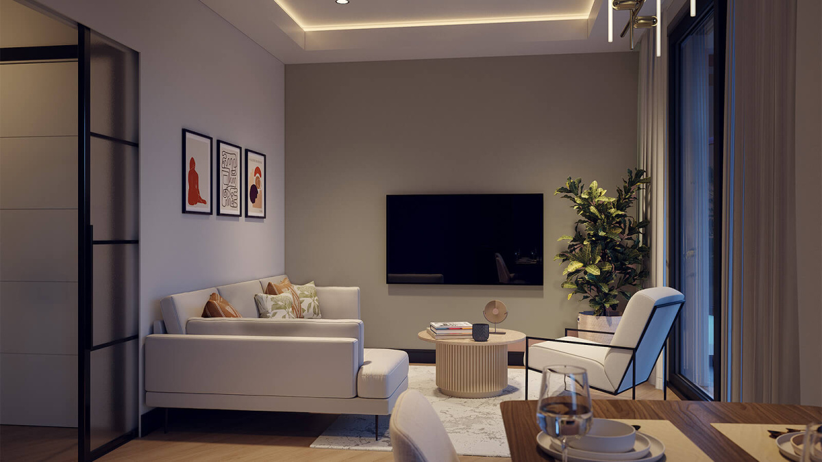 Living area at an Arena Quayside duplex apartment, computer generated image for illustrative use only, ©Galliard Homes.