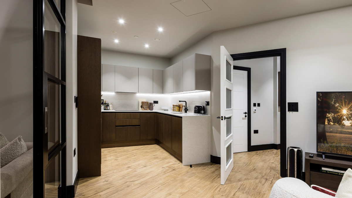 Kitchen area at an Arena Quayside duplex apartment, ©Galliard Homes.