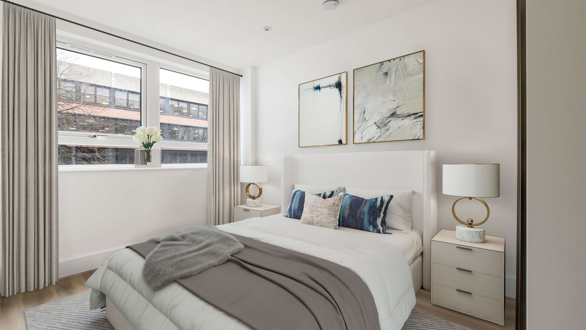 Bedroom area in a Newacre House apartment, computer generated image intended for illustrative use only, ©Galliard Homes.