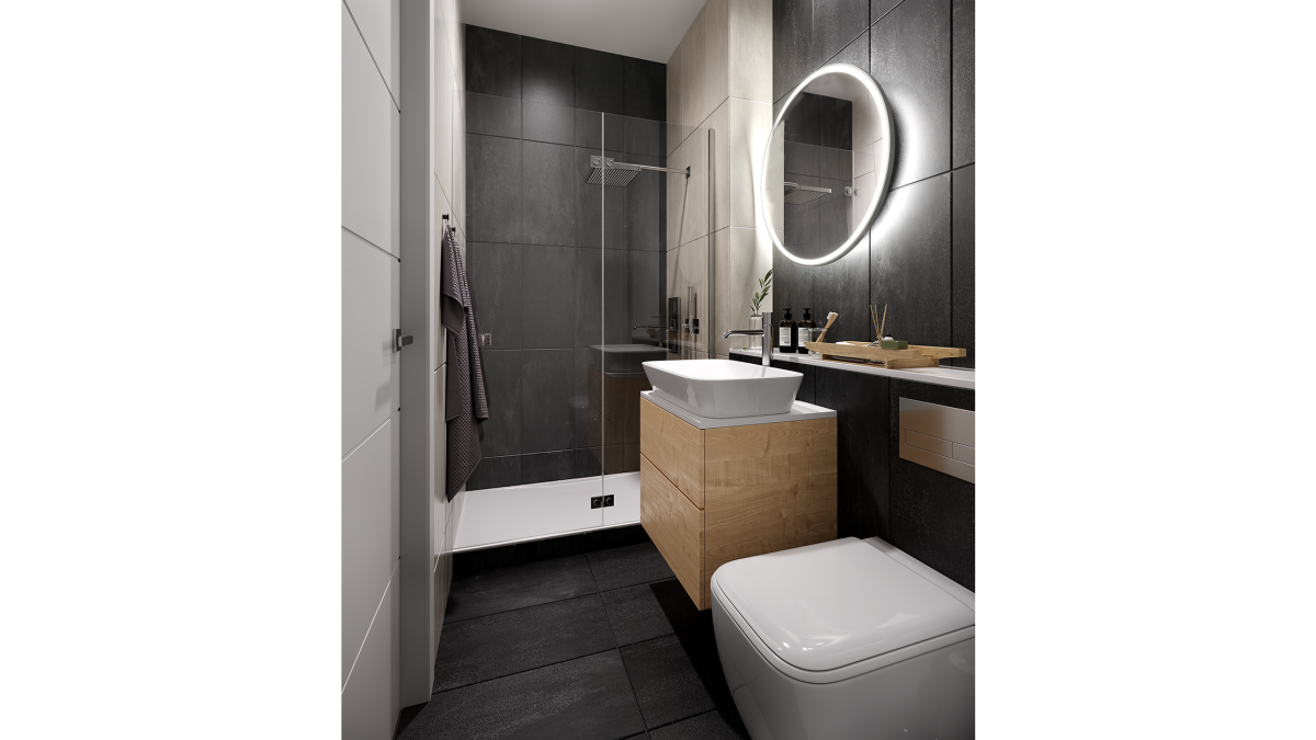 Shower room in a Newacre House apartment, computer generated image intended for illustrative use only, ©Galliard Homes.