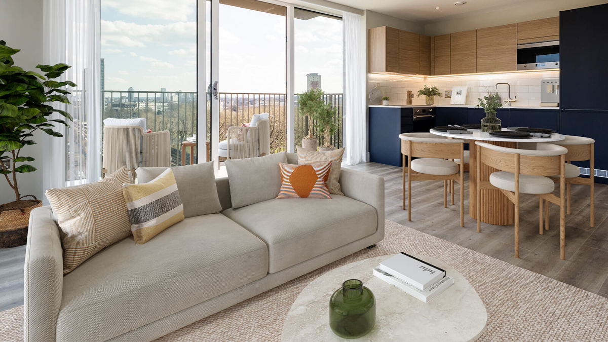 Open-plan living area at Neptune Wharf ©Galliard Homes.
