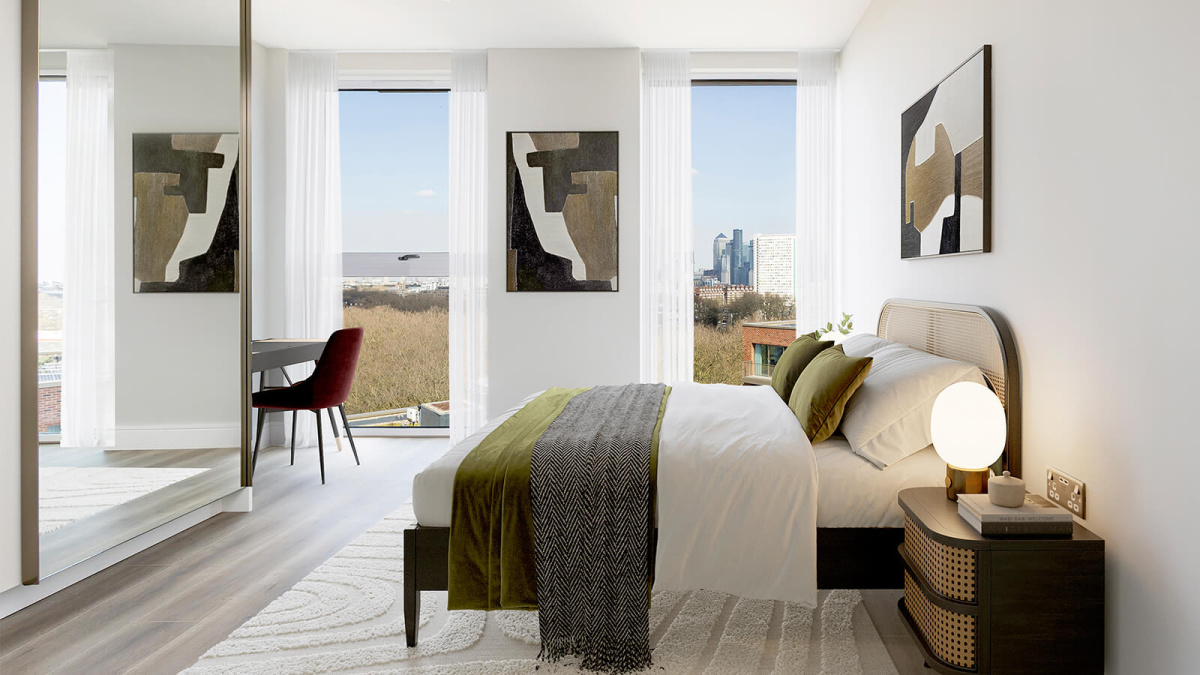 Primary bedroom at Neptune Wharf ©Galliard Homes.