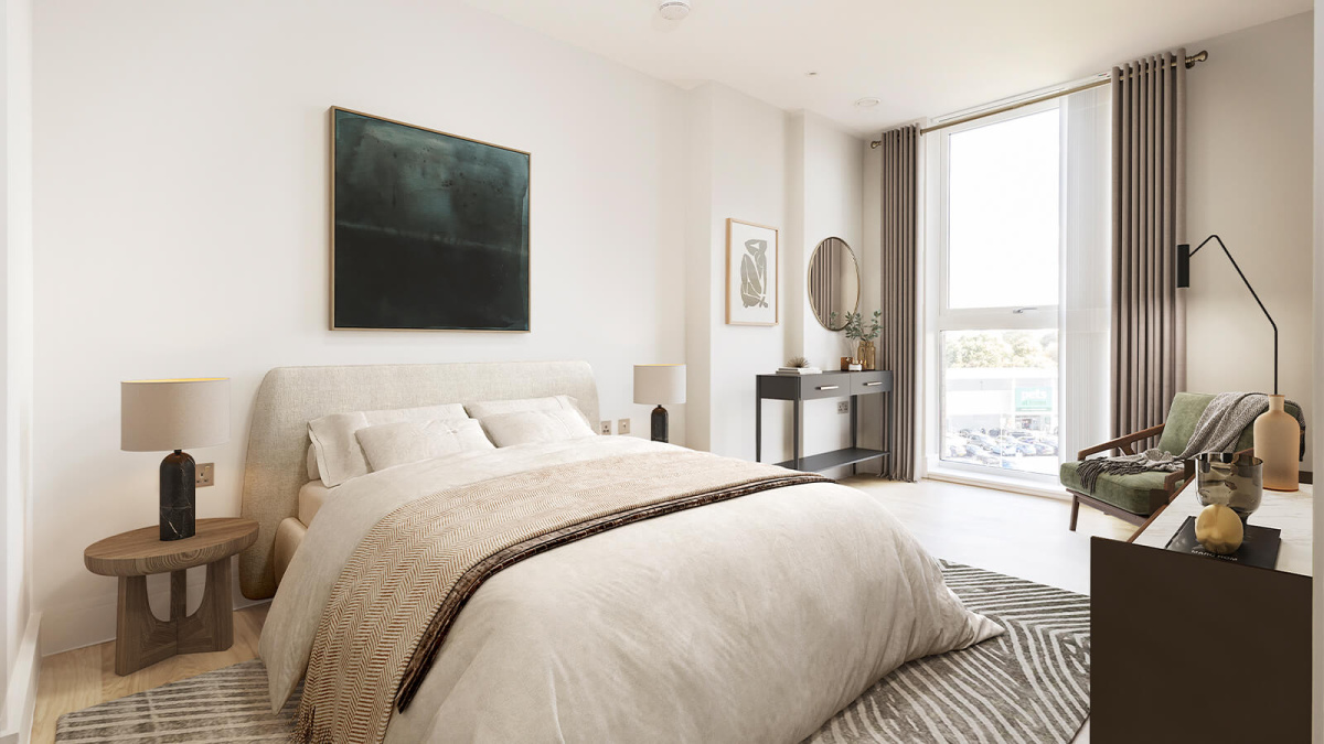 Bedroom at a Wimbledon Grounds apartment, computer generated image intended for illustrative use only, ©Galliard Homes.
