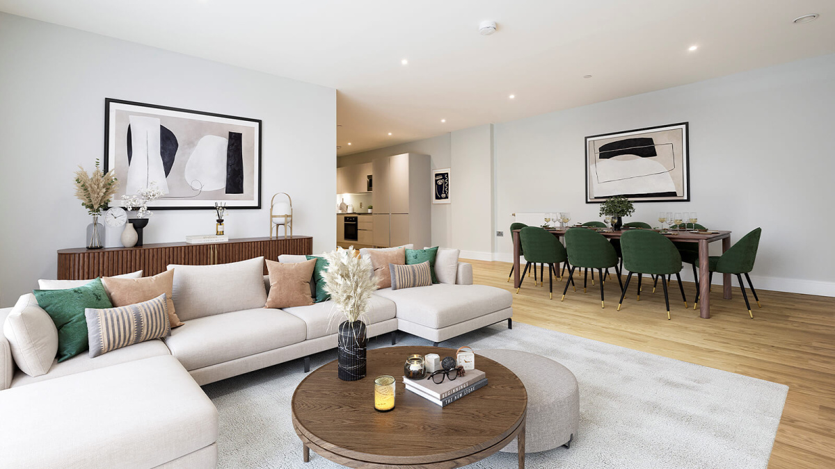 Living and dining area at a Wimbledon Grounds apartment, computer generated image intended for illustrative use only, ©Galliard Homes.