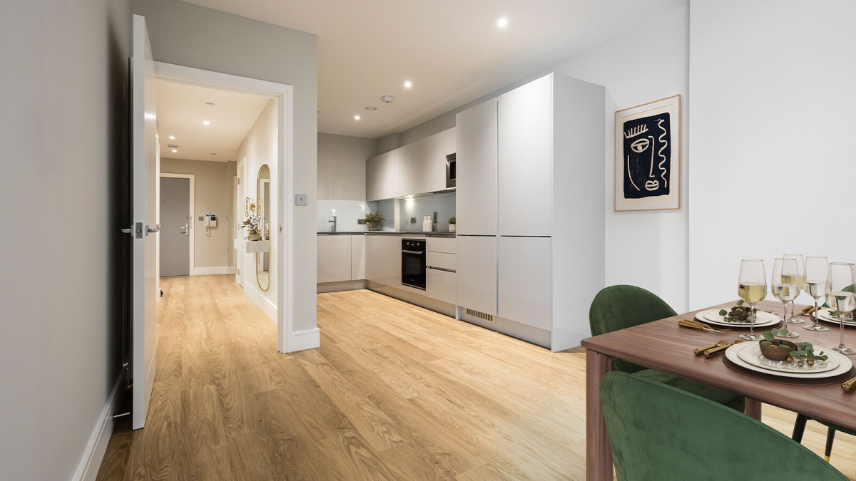 Kitchen area at a Wimbledon Grounds apartment, computer generated image intended for illustrative use only, ©Galliard Homes.