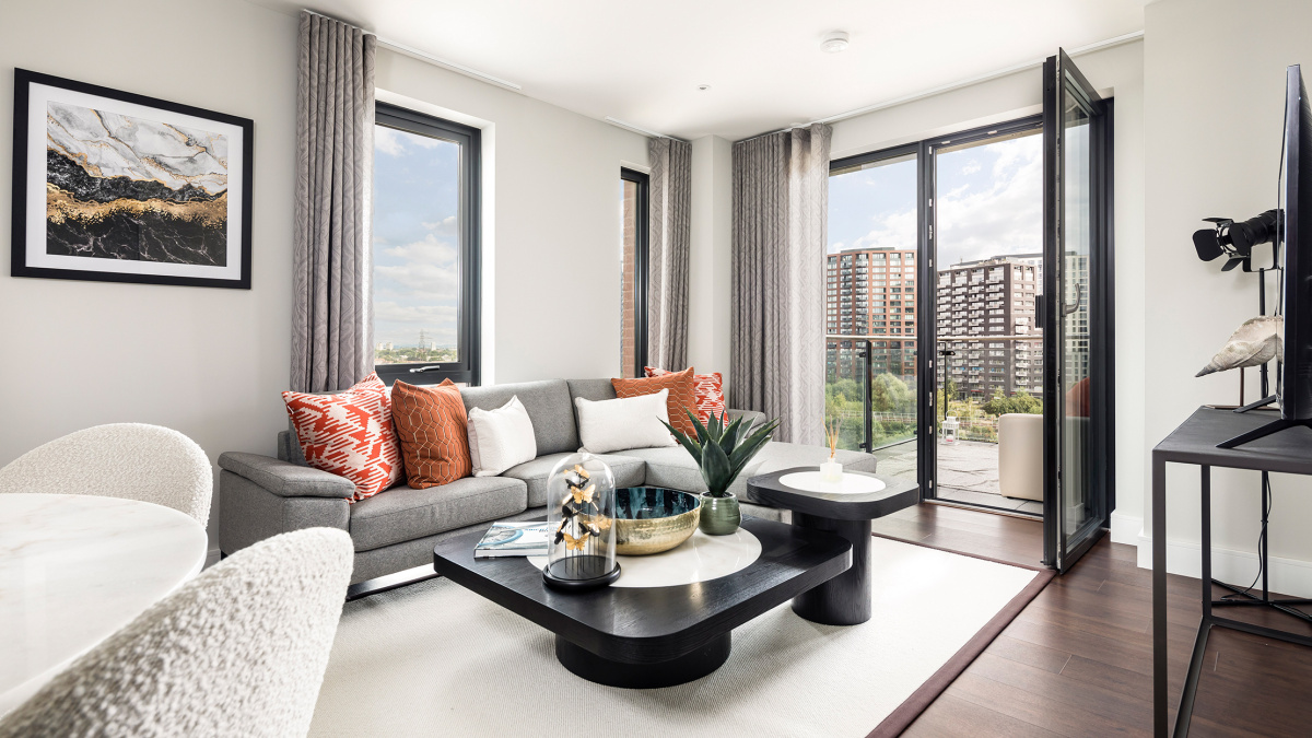 Open-plan kitchen, living and dining area at an Orchard Wharf apartment, ©Galliard Homes.