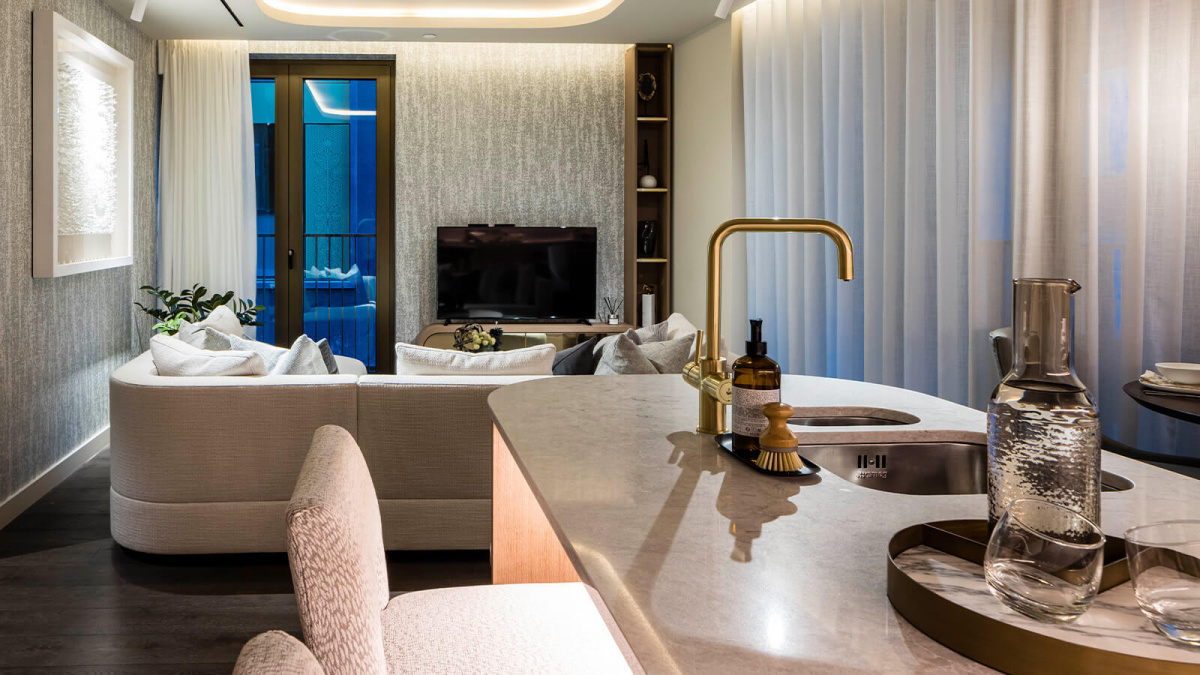 Living and kitchen area at a TCRW SOHO apartment ©Galliard Homes.