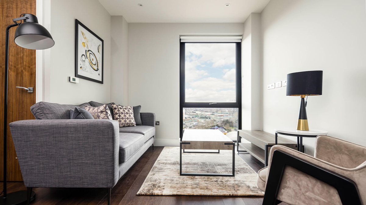 Living area at an Orchard Wharf apartment, ©Galliard Homes.
