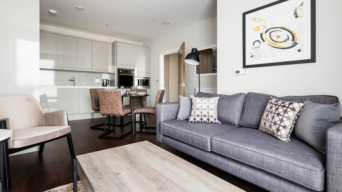 Open-plan kitchen, living and dining area at an Orchard Wharf apartment, ©Galliard Homes.

