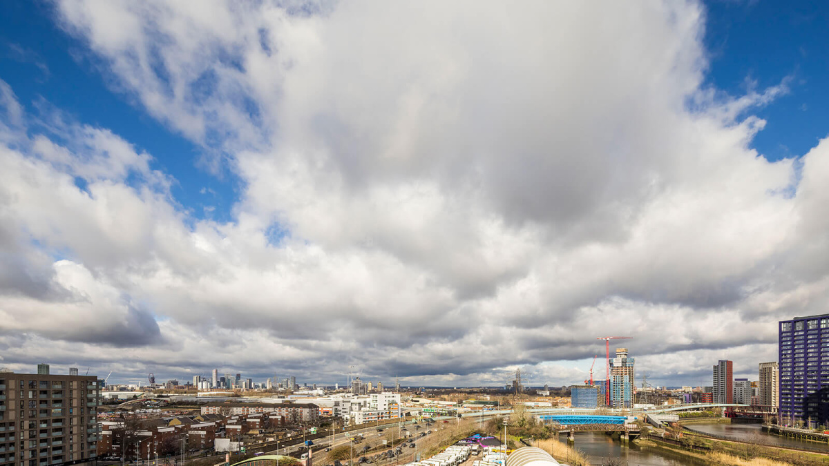 View from a same aspect apartment at Orchard Wharf, ©Galliard Homes.