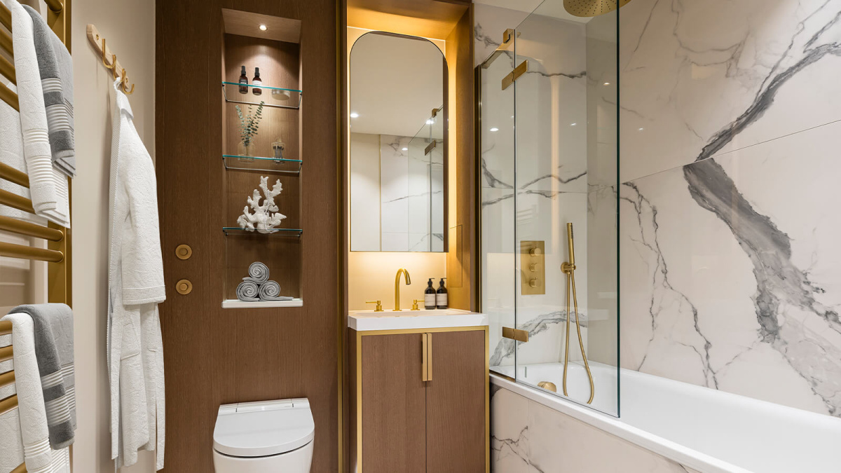 Bathroom at a TCRW SOHO studio apartment, computer generated image intended for illustrative use only, ©Galliard Homes