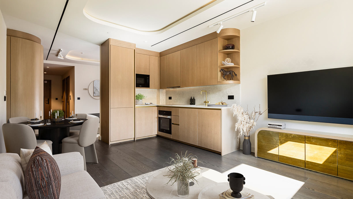 Open-plan kitchen, living and dining area at a TCRW SOHO studio apartment, computer generated image intended for illustrative use only, ©Galliard Homes