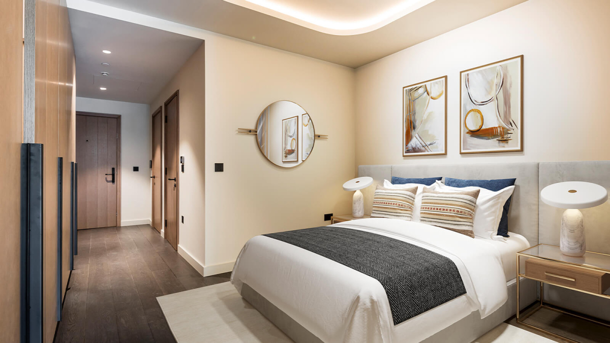 Bedroom area at a TCRW SOHO studio apartment, computer generated image intended for illustrative use only, ©Galliard Homes