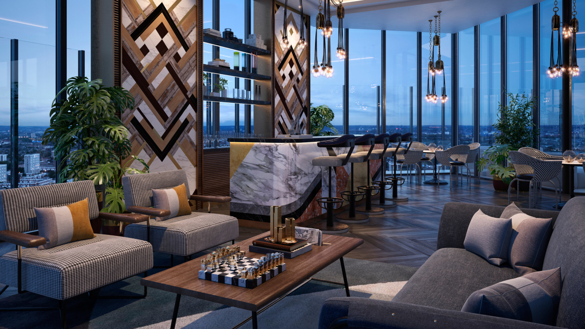 The 32nd level sky lounge at The Stage; computer generated image intended for illustrative purposes only, ©Galliard Homes.