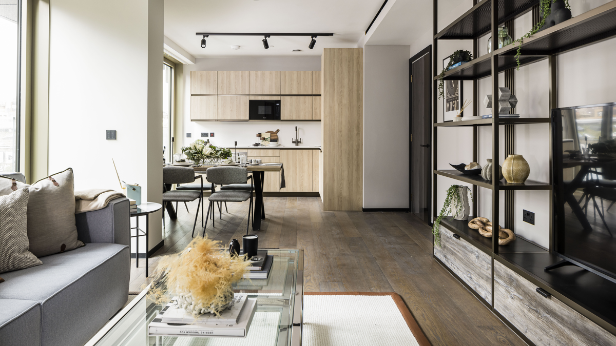 Open-plan living, dining and kitchen at The Stage ©Galliard Homes