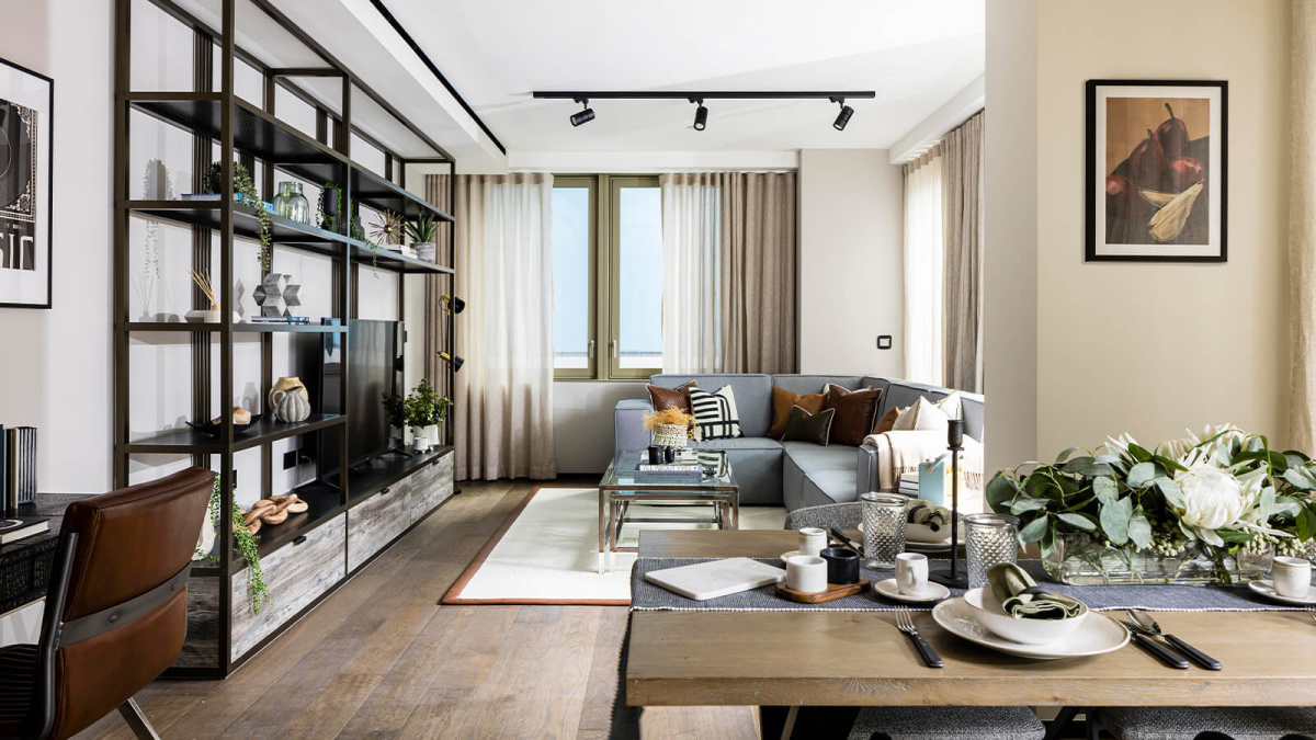 Open-plan living and dining room at a two-bedroom apartment at The Stage, ©Galliard Homes.