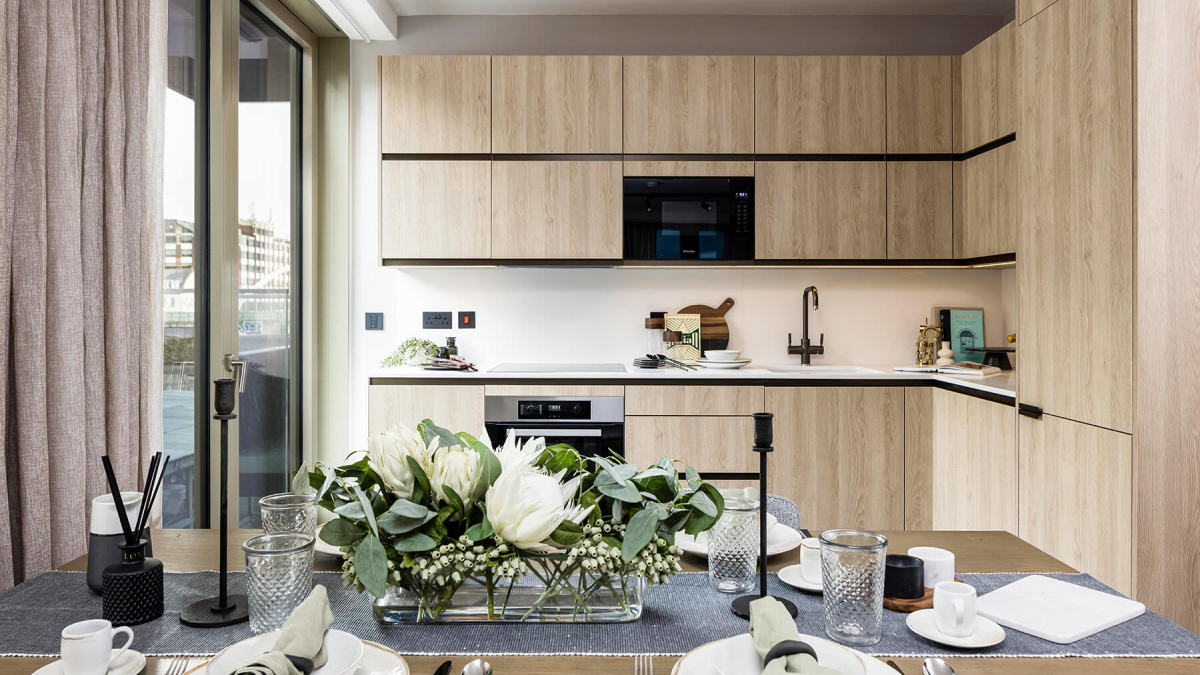 Kitchen at a two-bedroom apartment at The Stage, ©Galliard Homes.