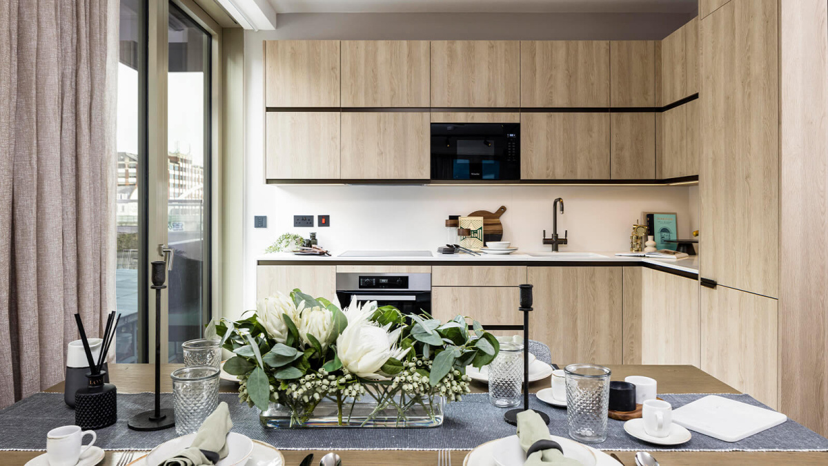 Kitchen at a two-bedroom apartment at The Stage, ©Galliard Homes.