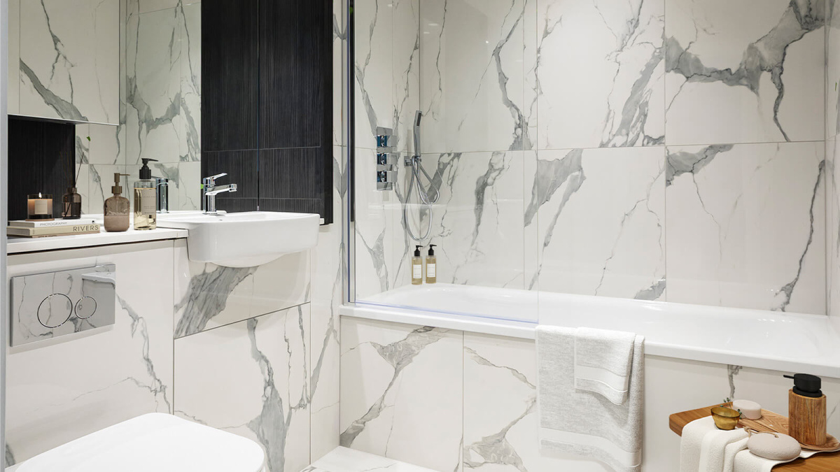 Bathroom in a Park Avenue Place apartment, computer generated image intended for illustrative use only, ©Galliard Homes.