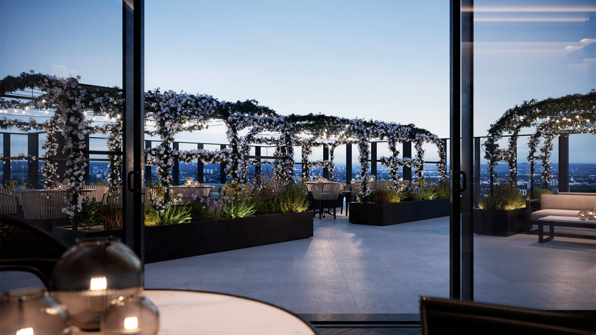 The Stage 32nd-floor sky terrace, computer generated image intended for illustrative purposes only, ©Galliard Homes.