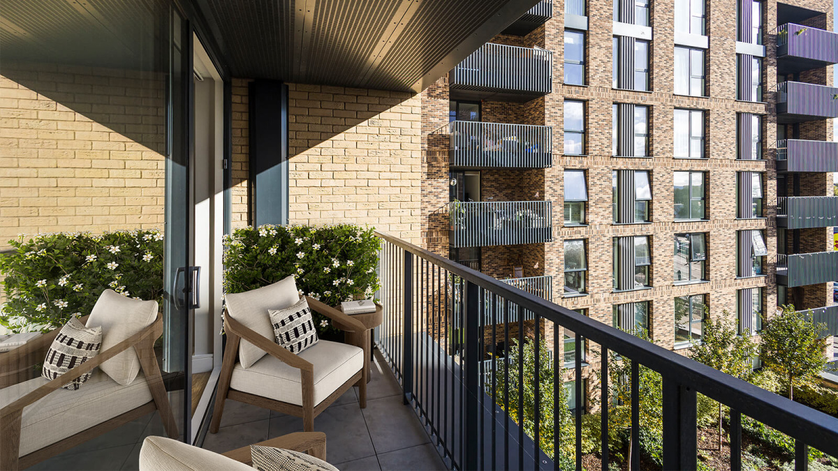 Balcony at a Wimbledon Grounds apartment, computer generated image intended for illustrative use only, ©Galliard Homes.