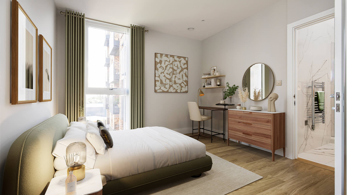 Bedroom with en-suite at a Wimbledon Grounds apartment, computer generated image intended for illustrative use only, ©Galliard Homes.