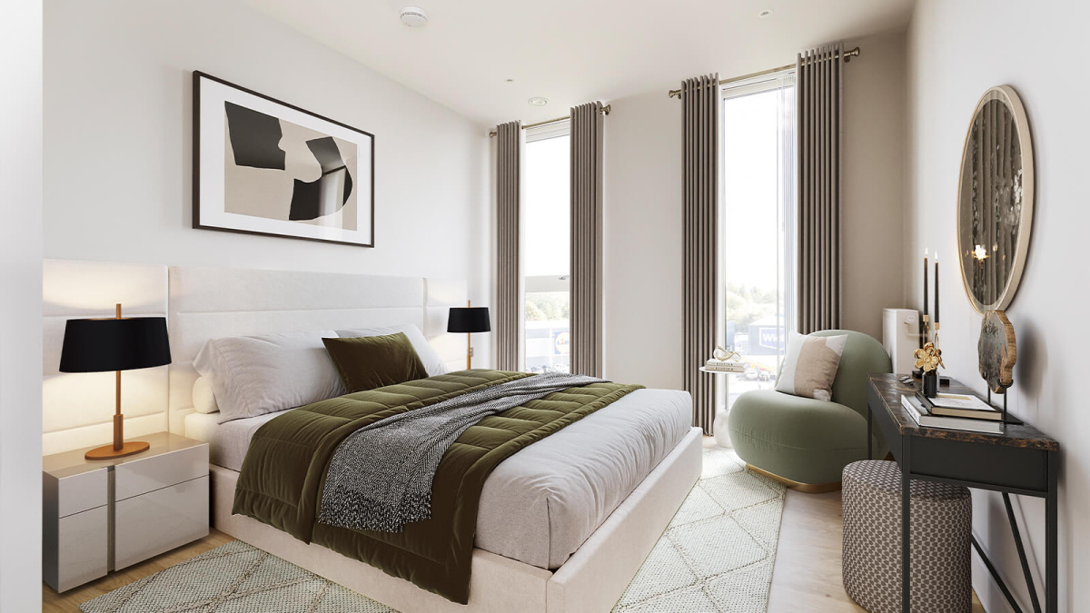 Bedroom at a Wimbledon Grounds apartment, computer generated image intended for illustrative use only, ©Galliard Homes.