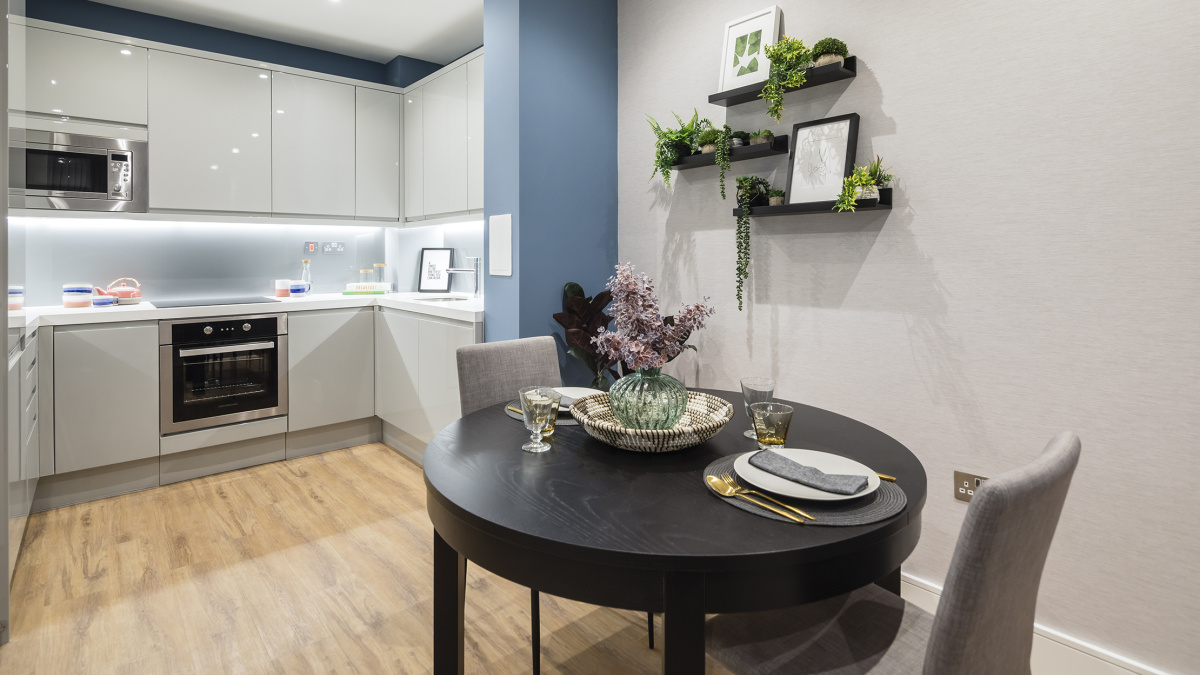 Open-plan kitchen, living and dining area at Westgate House, ©Galliard Homes