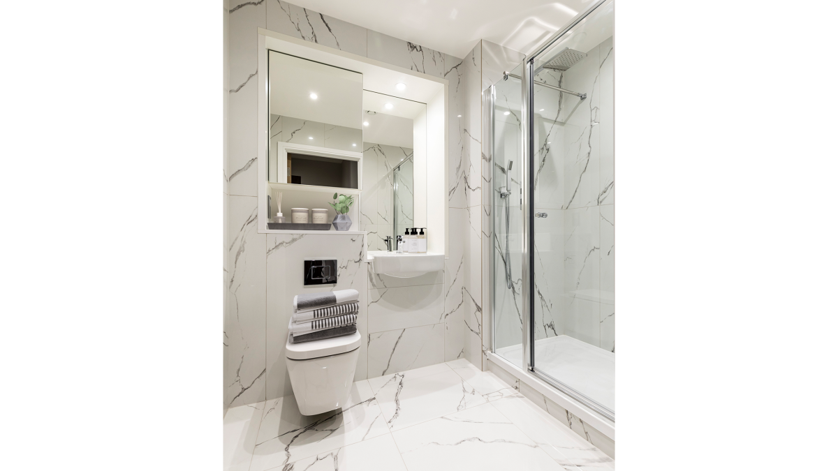 Shower room at an Orchard Wharf apartment, ©Galliard Homes.