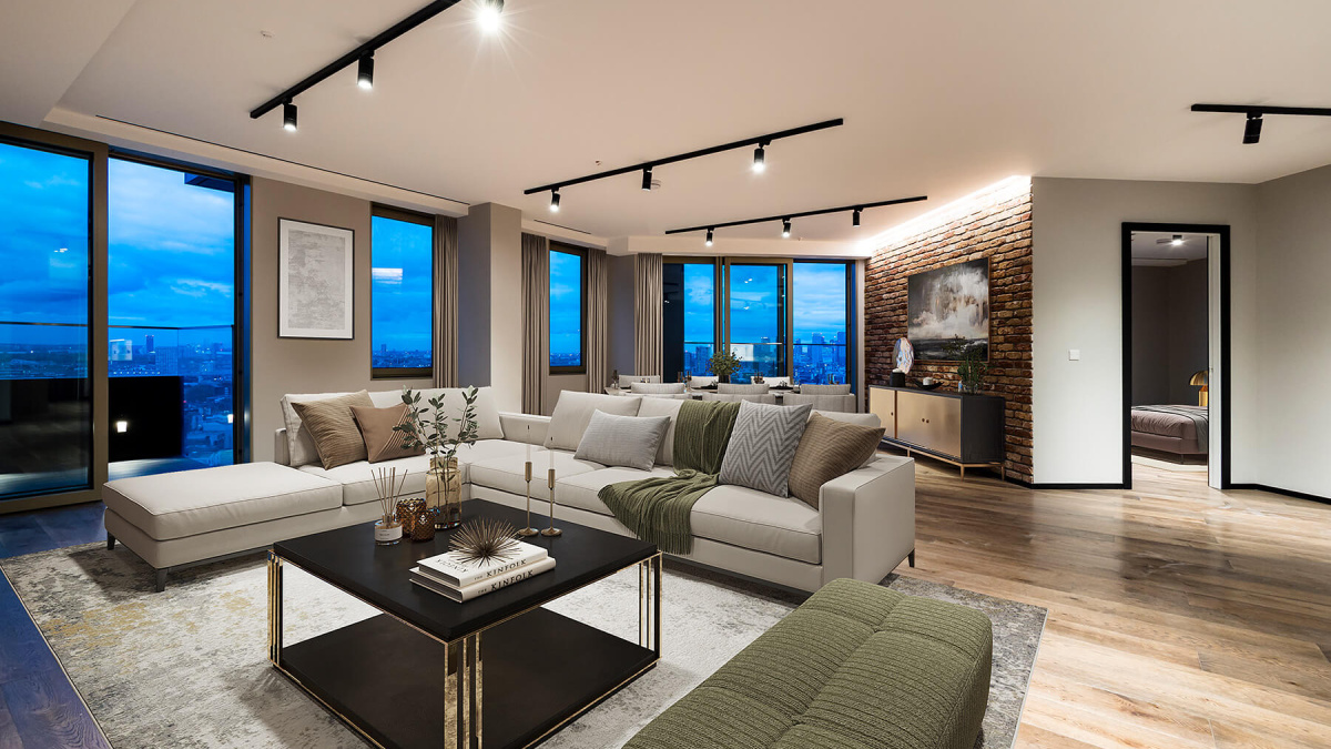 Reception room at The Stage, furniture superimposed for illustrative purposes only, ©Galliard Homes.