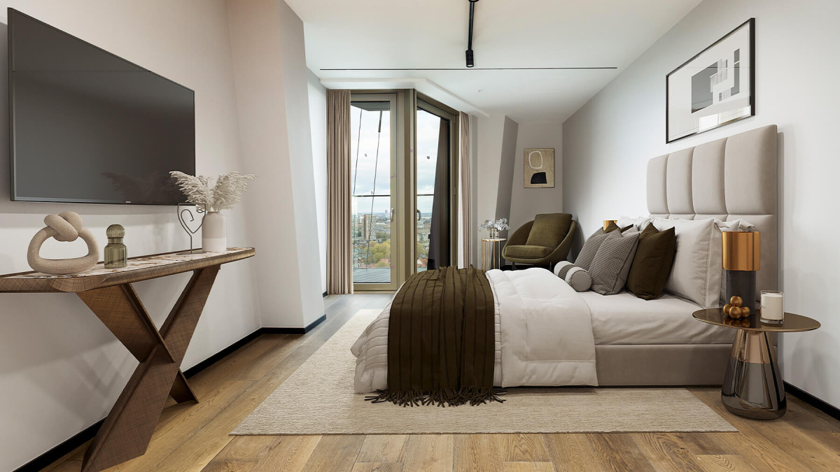 Principal bedroom at The Stage, furniture superimposed for illustrative purposes only, ©Galliard Homes.
