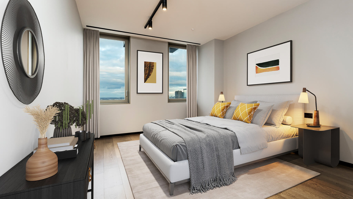 Third bedroom at The Stage, furniture superimposed for illustrative purposes only, ©Galliard Homes.