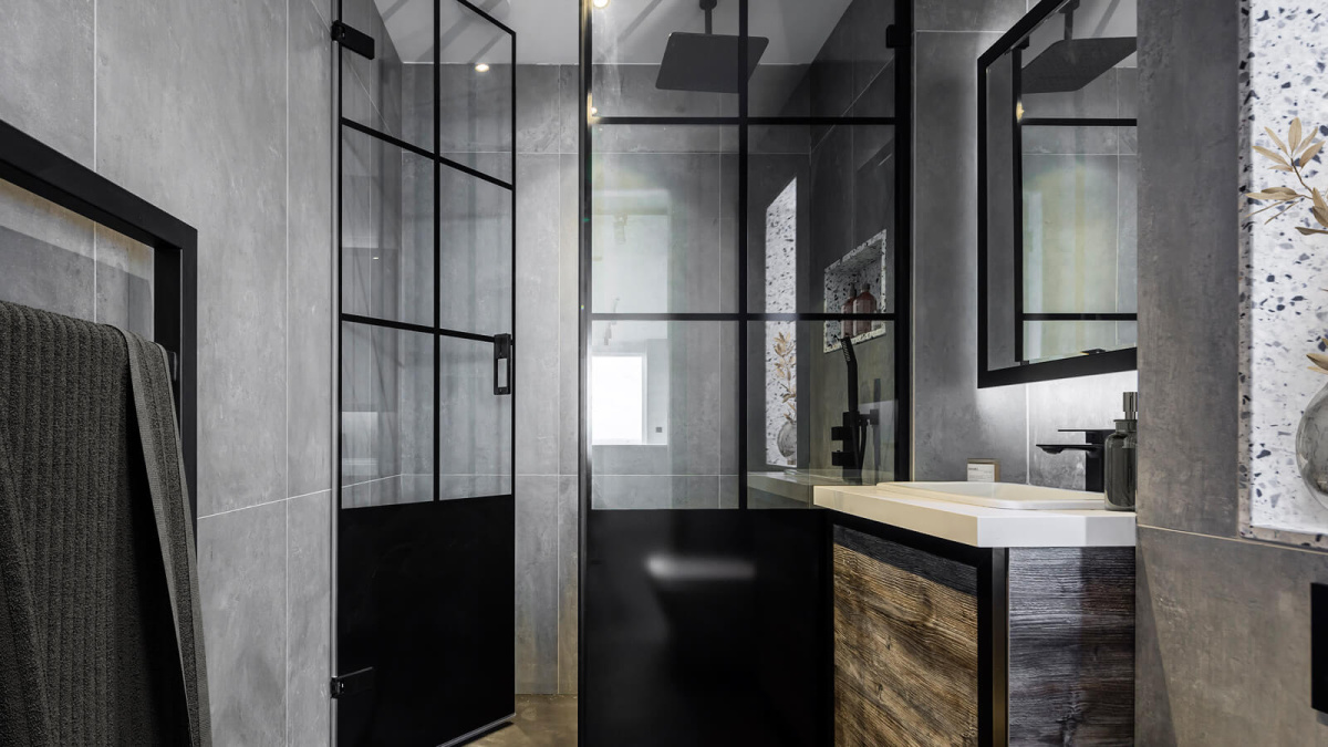 Shower room at a three-bedroom apartment at The Stage, furniture superimposed for illustrative purposes only, ©Galliard Homes.