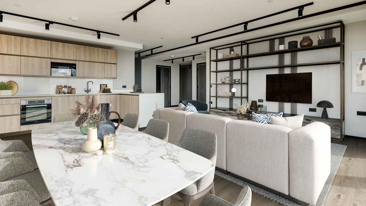 Living area and kitchen at a three-bedroom apartment at The Stage, furniture superimposed for illustrative purposes only, ©Galliard Homes.