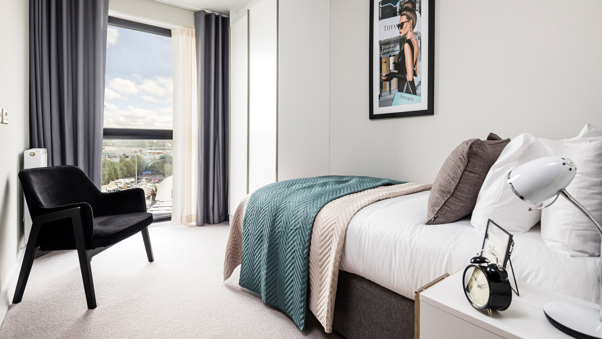 Bedroom at an Orchard Wharf apartment, ©Galliard Homes.