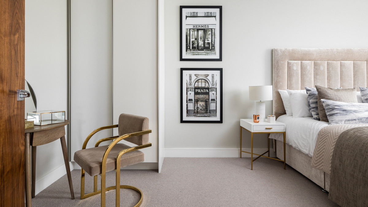 Bedroom at an Orchard Wharf apartment, ©Galliard Homes.