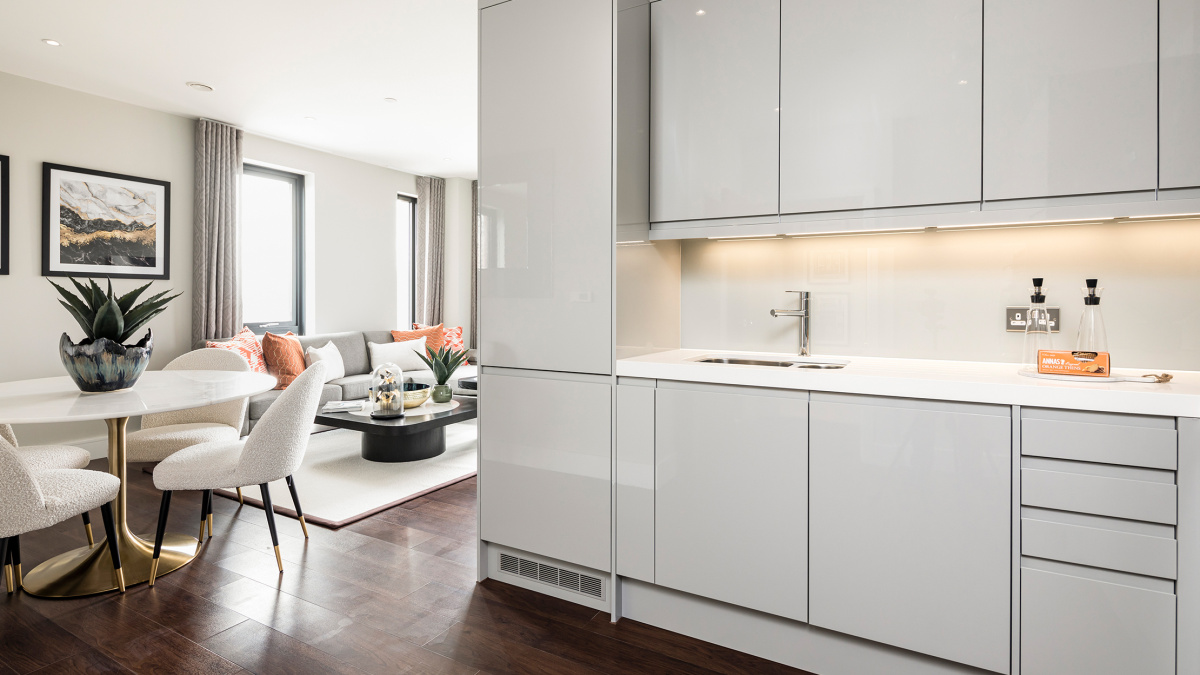 Open-plan kitchen, living and dining area at an Orchard Wharf apartment, ©Galliard Homes.