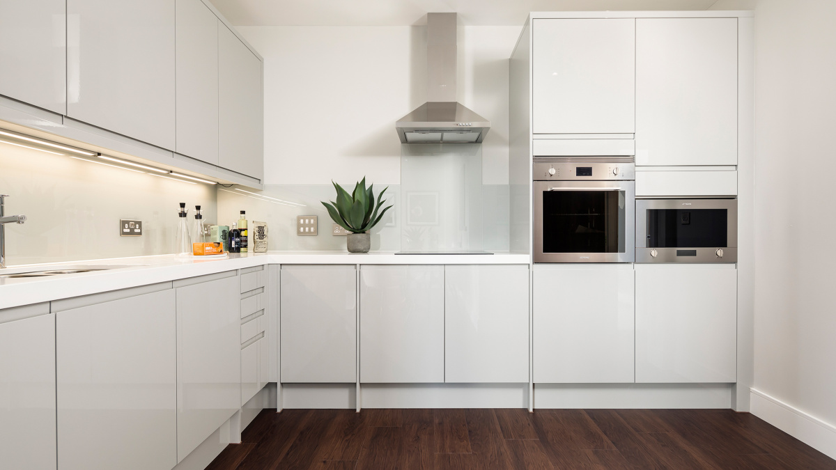 Open-plan kitchen, living and dining area at an Orchard Wharf apartment, ©Galliard Homes.